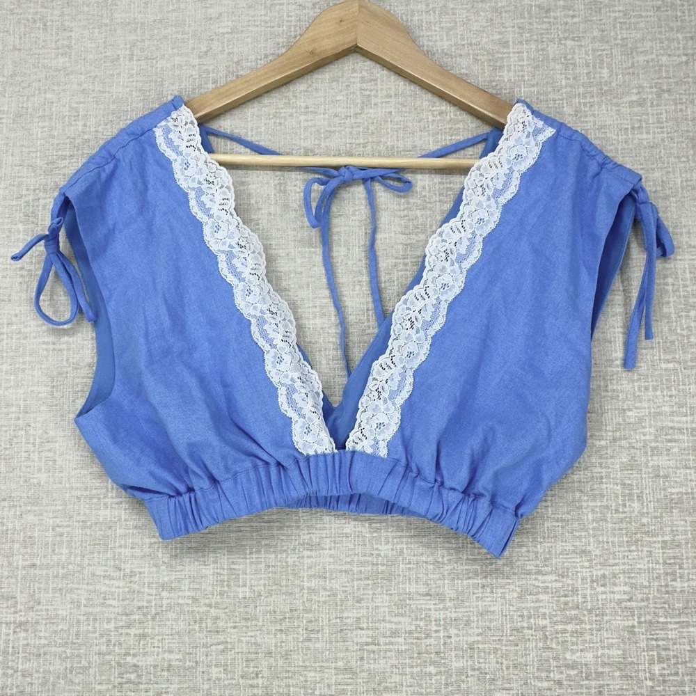 Wayf Pippa Linen Blend Crop Top Size S Blue Deep V-Neck Lace Detail Back Tie